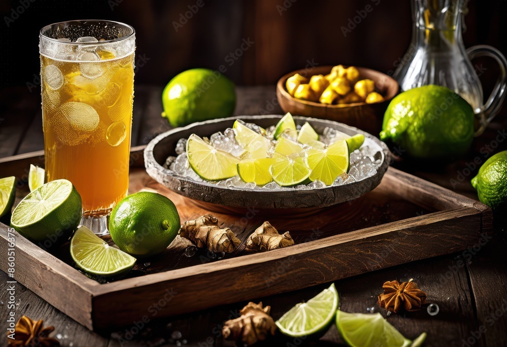 rustic tray ginger candied lime, beverage, drink, refreshment, condiment, citrus, snack, appetizer, edible, slice, sweet, tangy, zesty, treat