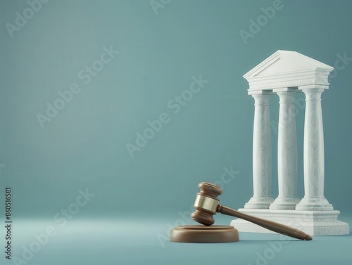 Gavel and courthouse pillars on a light blue background. Symbolizes justice, law, and legal system for courtroom or legal professions.