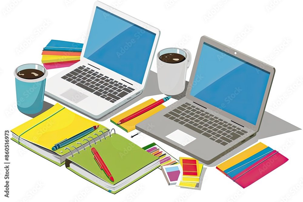 Workspace with two laptops, notebooks, coffee cups, and colorful stationery, perfect for creative projects and collaboration. Workspace with two laptops, notebooks, coffee cups, and colorful stationery, perfect for creative projects and collaboration.