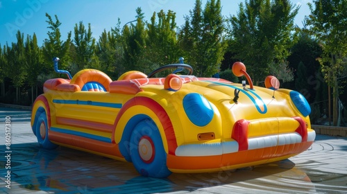 Colorful Inflatable Car Bouncy Castle for Kids in Outdoor Park on Sunny Day