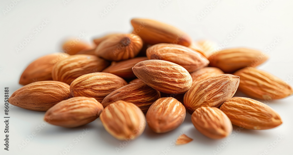A handful of almonds scattered on a white background. Generative AI. A handful of almonds scattered on a white background. Generative AI.