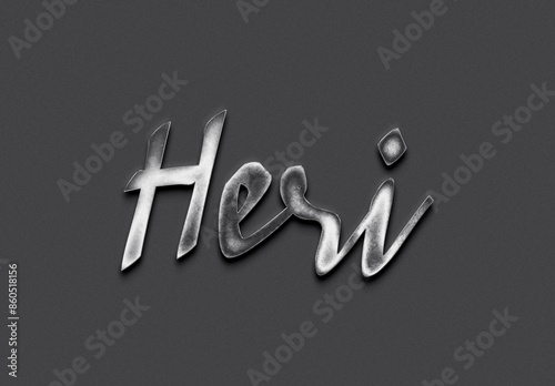 Chrome metal 3D Indonesian name design of Heri on grey background.	 photo