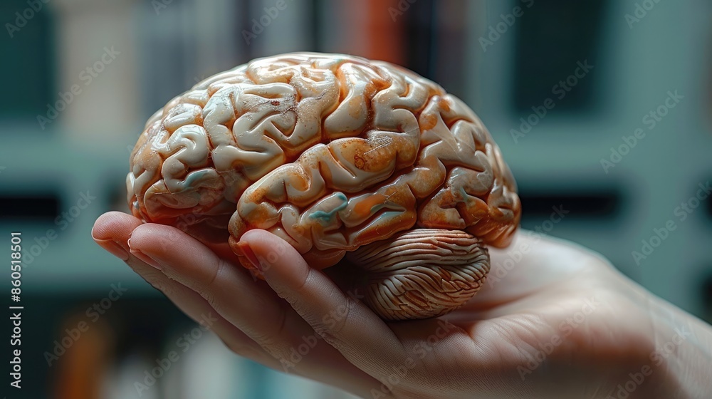 A hand holding a brain with a blue background. Generative AI. A hand holding a brain with a blue background. Generative AI.