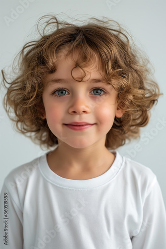 A young boy with curly blonde hair and blue eyes smiles sweetly at the camera.  He is wearing a white t-shirt. photo