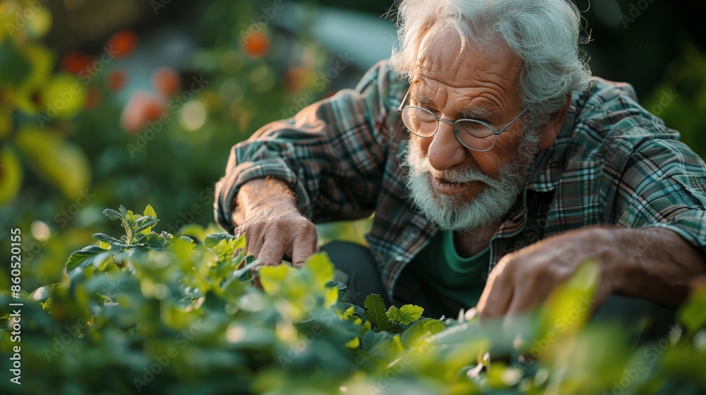 Fototapeta premium A young woman helping her elderly father to walk with a cane in a garden