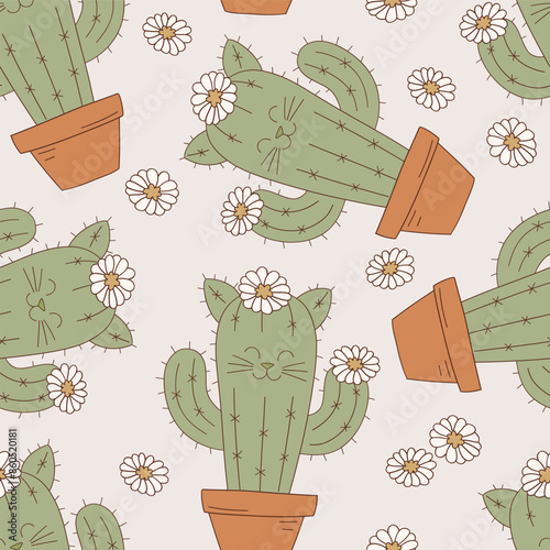 Cat cactus vector seamless pattern. Howdy cat background. 