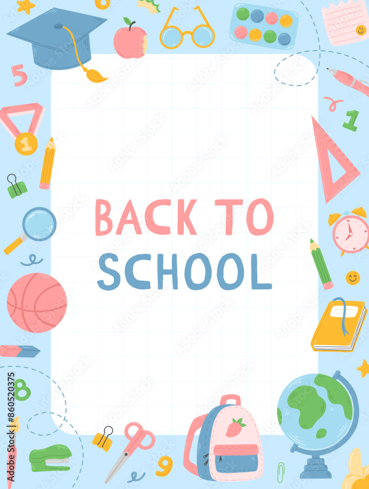 Notepad page template design with school supplies in cartoon flat style. Back to School vector illustration