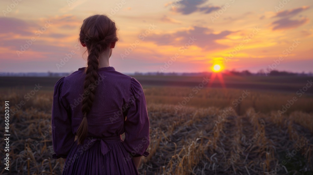 A woman wearing a purple dress stands in a green field, perfect for use as a background or cover image A woman wearing a purple dress stands in a green field, perfect for use as a background or cover image