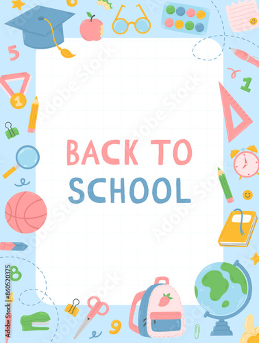 Notepad page template design with school supplies in cartoon flat style. Back to School vector illustration