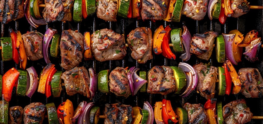 Fototapeta premium Grilled shish kebab with juicy meat and fresh vegetables, ideal for barbecue scenes