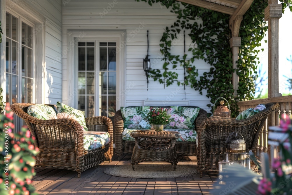 A cozy porch with wicker furniture and flowers, great for relaxation or outdoor living A cozy porch with wicker furniture and flowers, great for relaxation or outdoor living
