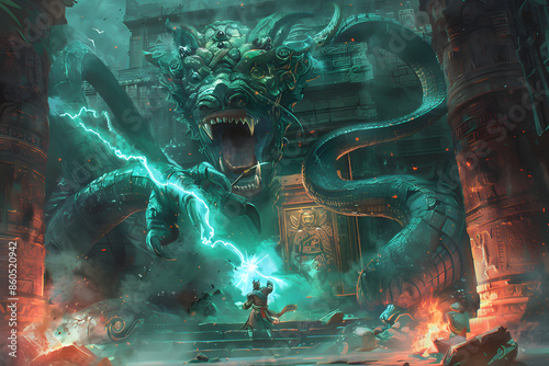 A detailed illustration of a yuan-ti sorcerer casting a venomous spell, with serpentine features and mystical artifacts, set in an ancient temple