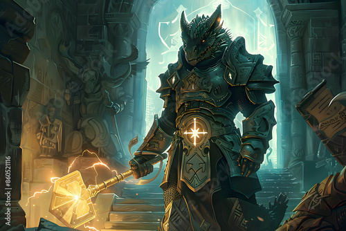 A high-resolution illustration of a dragonborn paladin standing valiantly with a glowing hammer, armor shining under the light of a holy symbol, set in a sacred underground temple