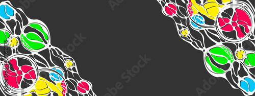 Vector colored background frame. Design of plex of chaotic circles, spheres, lines. Garland.  Neurotrophic texture of network. Cosmic conjunction of planets. Banner for presentations, business.