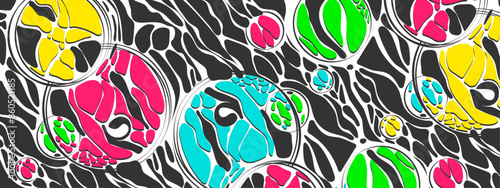 Vector colored background. Design of plex of chaotic circles, spheres, lines. Garland.  Neurotrophic texture of network. Cosmic conjunction of planets. Banner for presentations, business.