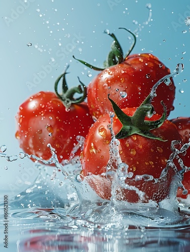 Tomate bañado por un chorro de agua fresca