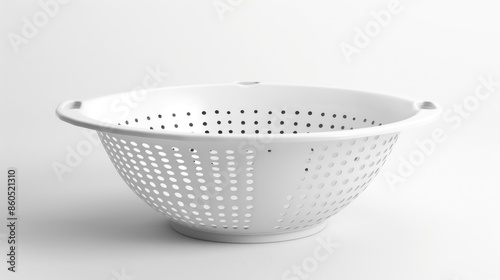 A white colander sitting on a plain white surface, ready for use