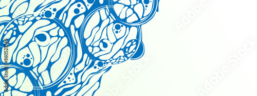 Vector blue background frame. Design  plex of chaotic circles, spheres, lines. Neurotrophic texture of  network. Cosmic pattern. Poster presentations, business, science, computer screensaver. 