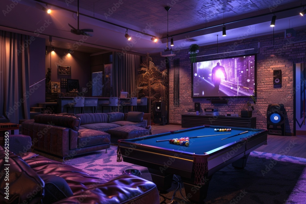 A comfortable living space featuring a pool table, couches, and a relaxed atmosphere A comfortable living space featuring a pool table, couches, and a relaxed atmosphere
