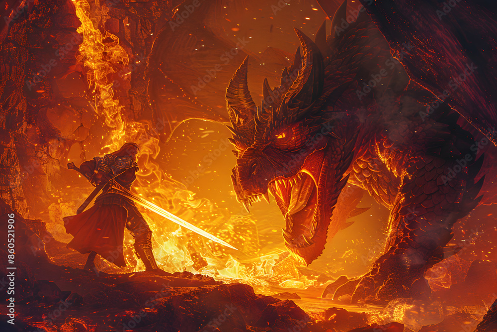 A vibrant illustration of a dragonborn fighter facing off against a mighty dragon, with a fierce look of determination and a glowing sword, set in a fiery lair A vibrant illustration of a dragonborn fighter facing off against a mighty dragon, with a fierce look of determination and a glowing sword, set in a fiery lair