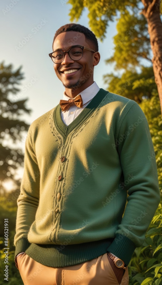 A stylish African man smiling in a casual sweater and glasses on a green background A stylish African man smiling in a casual sweater and glasses on a green background