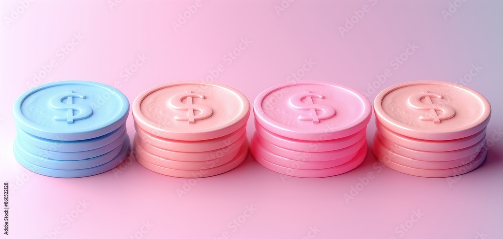 A stack of four different colored plastic coins with the word A stack of four different colored plastic coins with the word