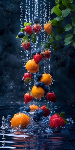 Frutas rojas y citricos en una cascada de agua