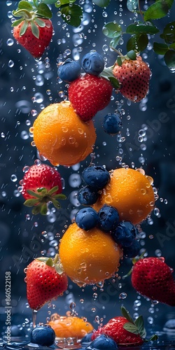 Frutas rojas y citricos en una cascada de agua