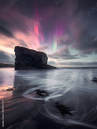 Mar en calma al atardecer con luces de aurora boreal