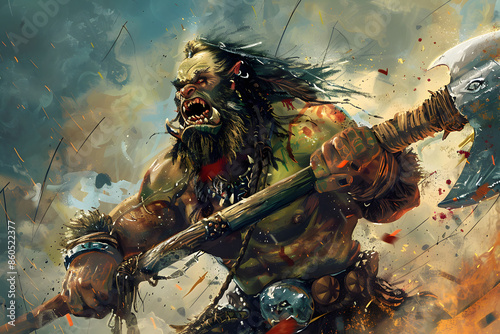 A vibrant illustration of a half-orc barbarian roaring in battle fury, wielding a massive greataxe, with scars and tribal tattoos, set against a chaotic battlefield