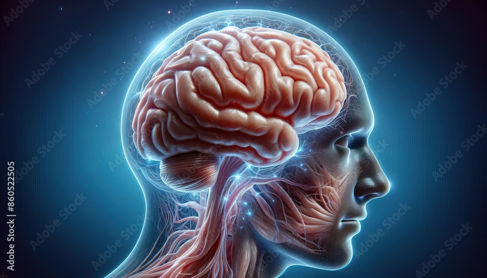 Side view of human brain in transparent skull showing intricate neural networks and synapses in medical illustration Side view of human brain in transparent skull showing intricate neural networks and synapses in medical illustration