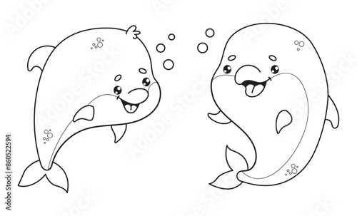 Outline cute couple dolphins. Happy cartoon kawaii animal. Line drawing, coloring book. Vector illustration. Kids collection