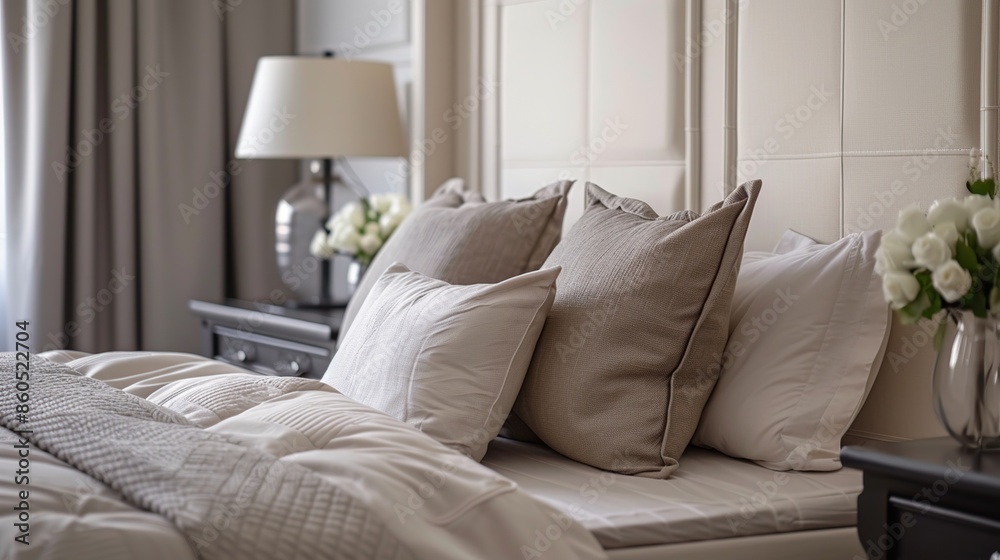 Fototapeta premium Close up of rustic bedside table lamp near bed with wood headboard. Interior design of modern bedroom.