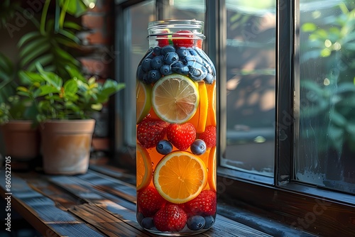 Frutas en botella de cristal muy saludable y colorido