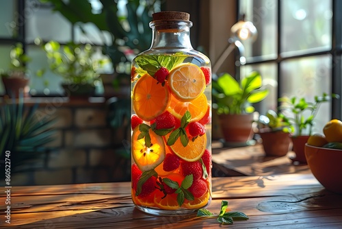 Frutas en botella de cristal muy saludable y colorido