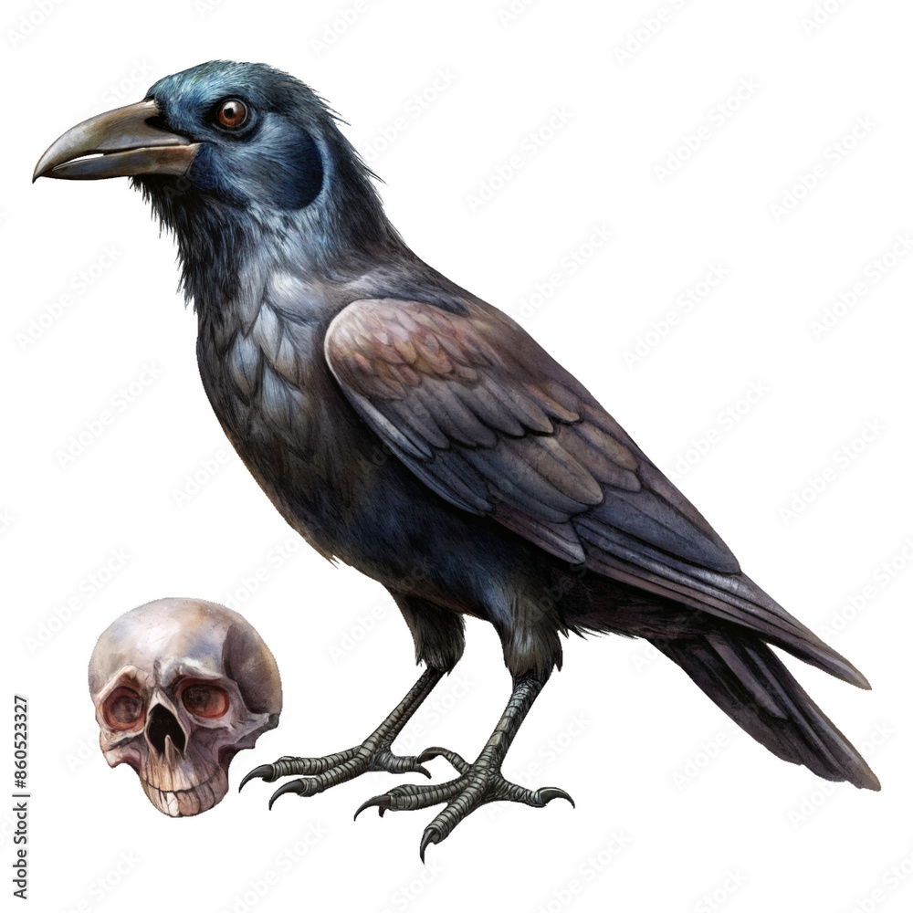 Fototapeta premium Black crow with skull realistic isolated illustration.