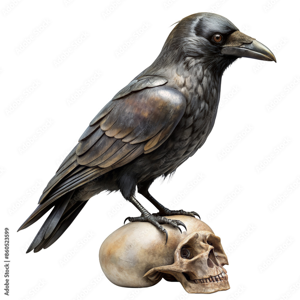 Obraz premium Black crow with skull realistic isolated illustration.