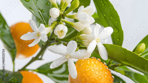 Orange tree bunch with white flowers buds and leaves and water drops isolated on white Neroli blossom Citrus bloom : Generative AI photo