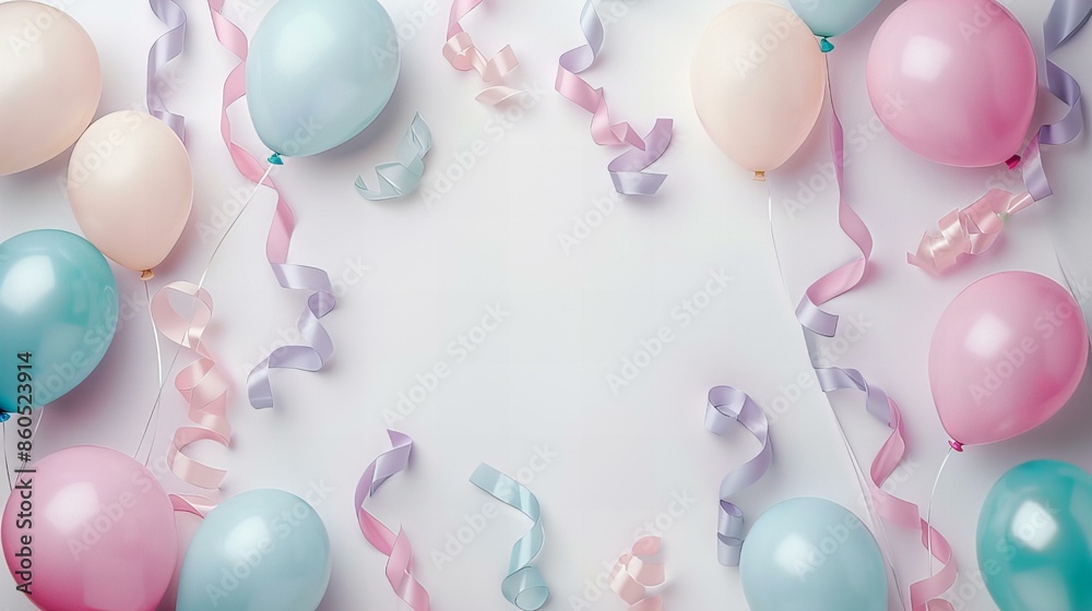 A delightful arrangement of pastel-colored balloons and curling ribbons set against a white background, perfect for festive occasions and celebrations A delightful arrangement of pastel-colored balloons and curling ribbons set against a white background, perfect for festive occasions and celebrations