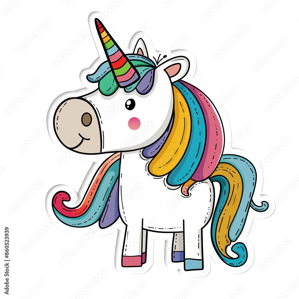 Fototapeta premium Cute cartoon unicorn with a rainbow mane and horn. Perfect for children's illustrations, stickers, and fantasy-themed designs.