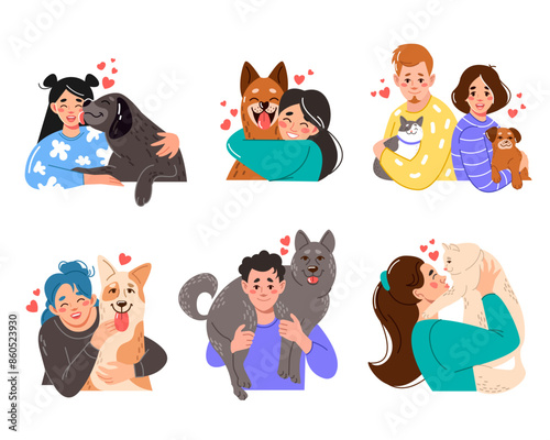 Vector portraits of pet owners. Cute women and men cuddle with adorable dogs and cats. A flat graphic illustration for a mobile application or website