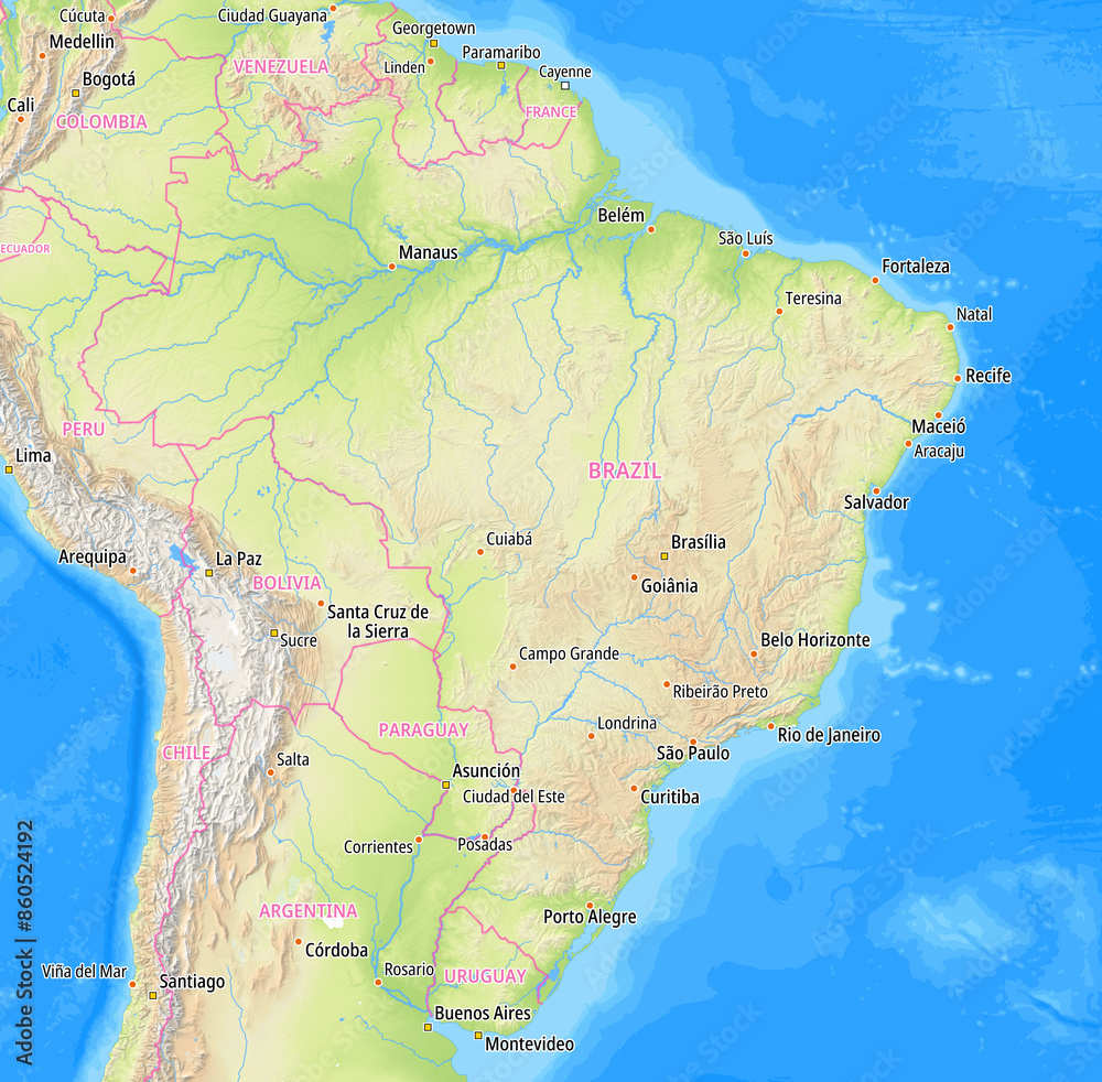 Fototapeta premium Map of Brazil and surrounding countries With country names In English