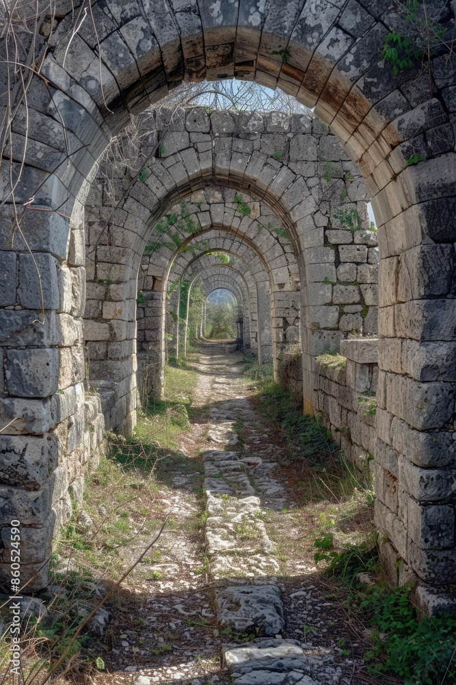 Obraz premium A stone archway with a path leading through it, suitable for use in outdoor or landscape scenes