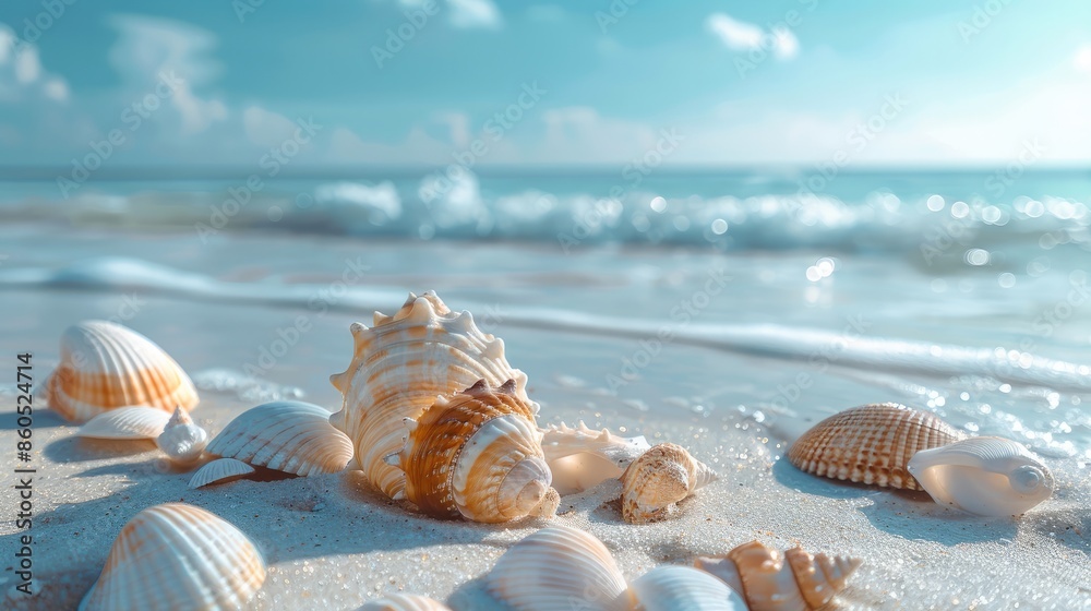 A beach background with a clear blue sky and calm sea, featuring soft white sand that has scattered seashells. Generative AI. A beach background with a clear blue sky and calm sea, featuring soft white sand that has scattered seashells. Generative AI.