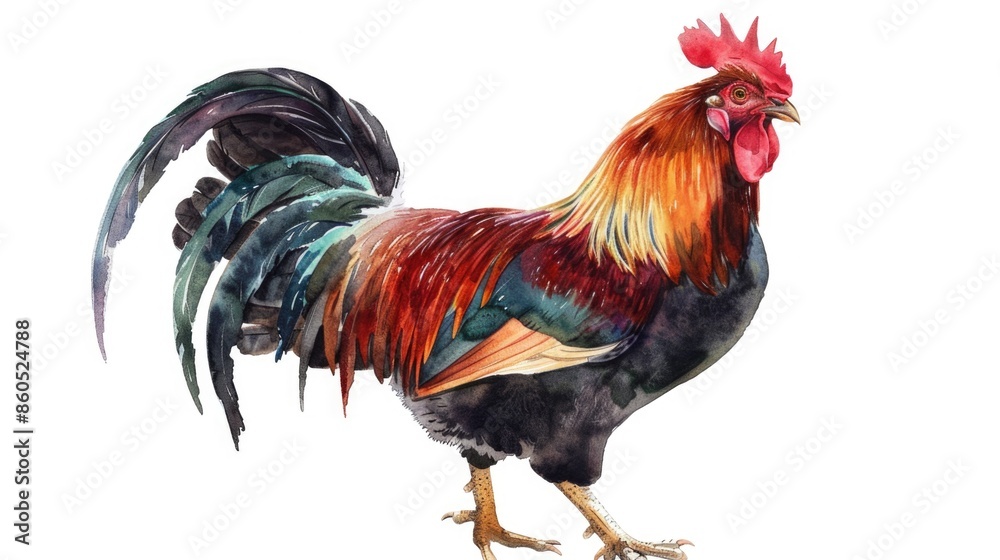 A rooster standing on a white background, looking forward A rooster standing on a white background, looking forward