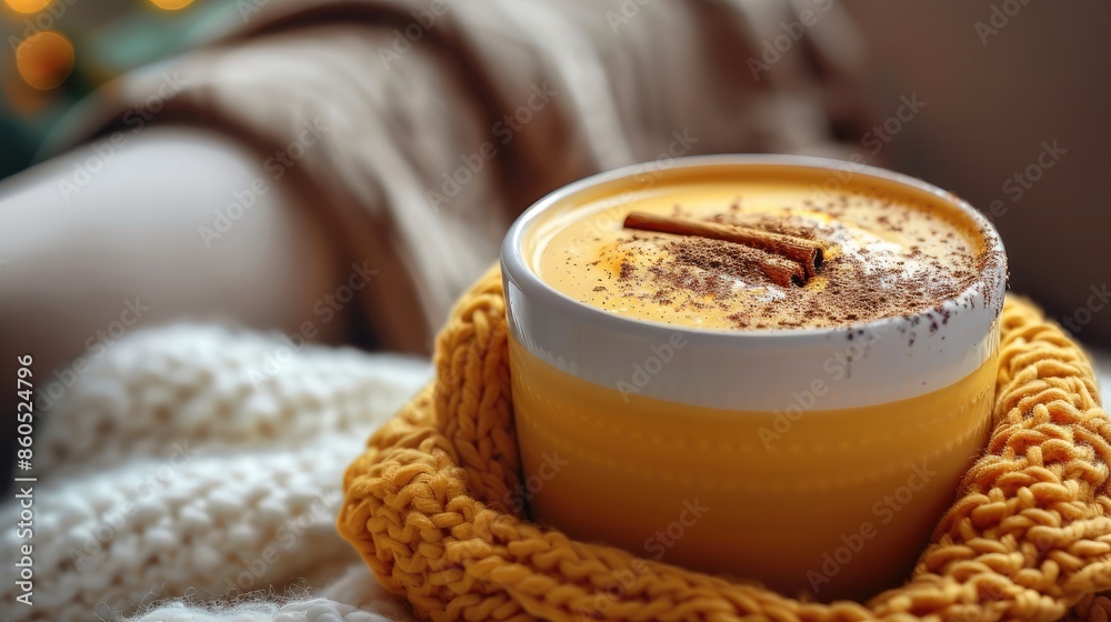 Golden milk with a sprinkle of cinnamon and a cozy chair, relaxing and comforting. Generative AI. Golden milk with a sprinkle of cinnamon and a cozy chair, relaxing and comforting. Generative AI.