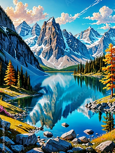 panorama alpino con cime innevate che si riflettono nelle acque di un lago limpido photo