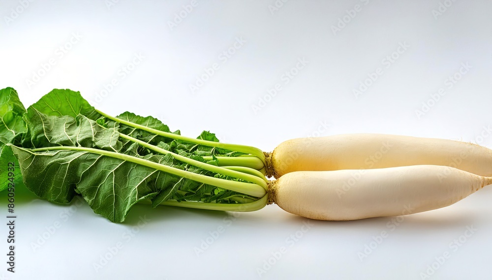 Daikon or Mooli is a mild flavored winter radish usually characterized by fast growing leaves and a long, white, napiform root . Asian cooking vegetable food and broth concept. isolated on white Daikon or Mooli is a mild flavored winter radish usually characterized by fast growing leaves and a long, white, napiform root . Asian cooking vegetable food and broth concept. isolated on white