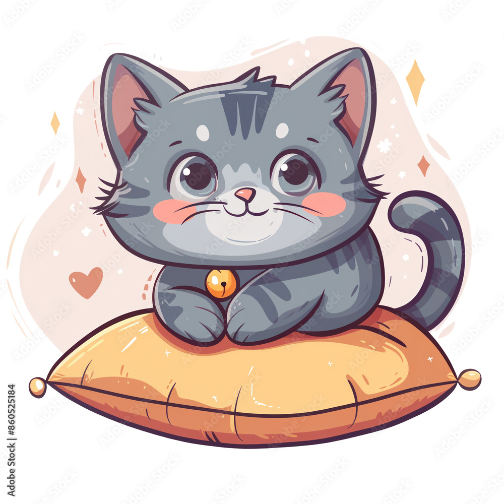 Cute cartoon kitten sitting on a pillow with hearts around, ideal for children's illustrations. Cute cartoon kitten sitting on a pillow with hearts around, ideal for children's illustrations.