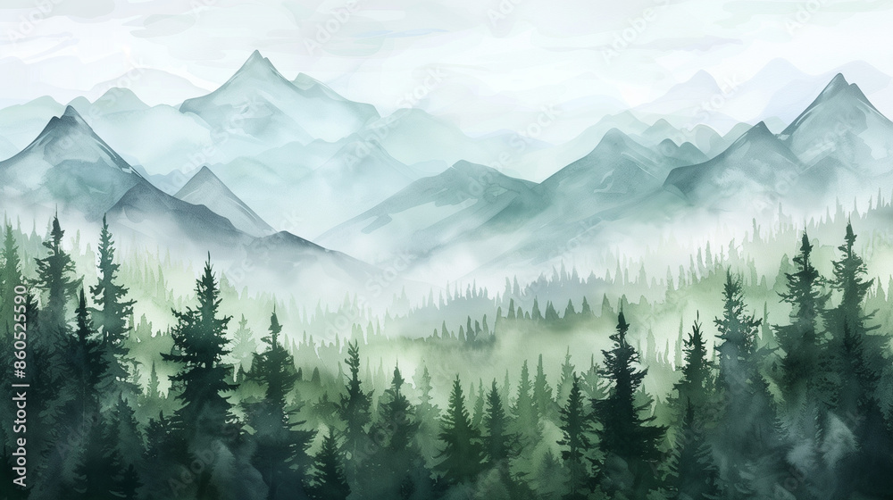 Fototapeta premium mountain landscape with forest, painting with watercolors, created with generative AI technology